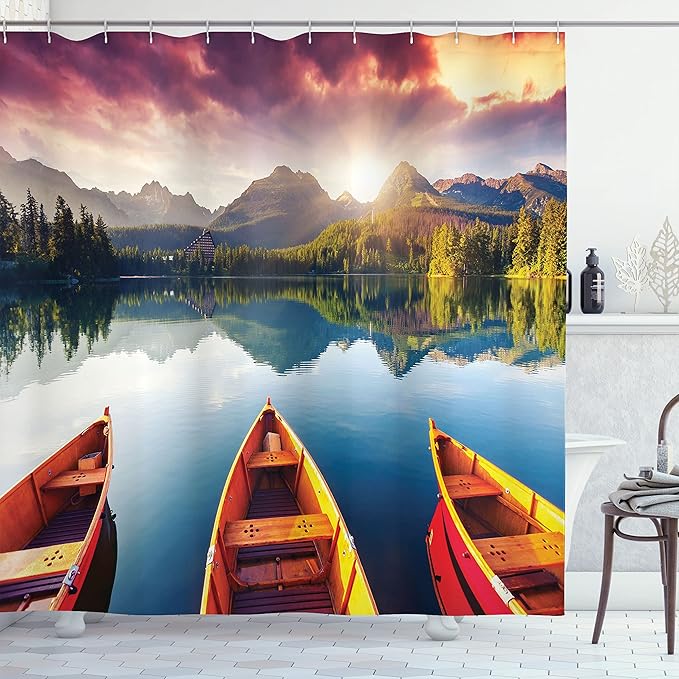Ambesonne Landscape Shower Curtain, Sunset at Mountain Lake Strbske National Park Dramatic Sky and Boats, Cloth Fabric Bathroom Decor Set with Hooks, 69" W x 70" L, Orange Mauve