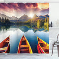 Ambesonne Landscape Shower Curtain, Sunset at Mountain Lake Strbske National Park Dramatic Sky and Boats, Cloth Fabric Bathroom Decor Set with Hooks, 69" W x 70" L, Orange Mauve