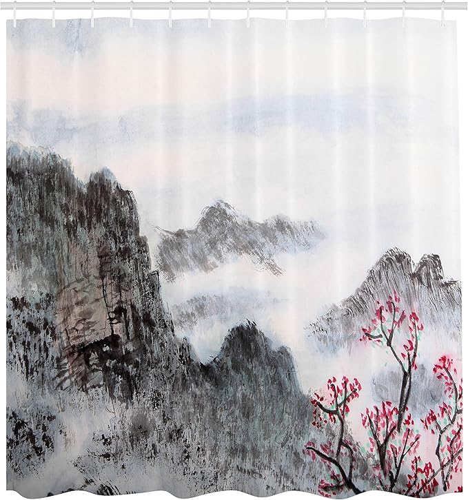 Ambesonne Asian Shower Curtain, Traditional Chinese Painting Landscape Sakura Cherry Tree Cloudy Mountains, Cloth Fabric Bathroom Decor Set with Hooks, 69" W x 70" L, Seal Brown White Red