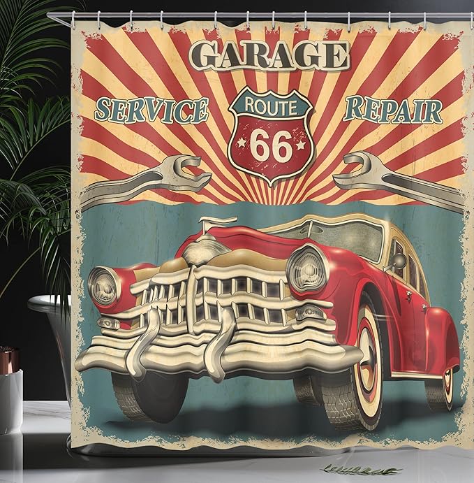 Ambesonne Americana Shower Curtain, Vintage Garage Repair Shop and Advertising of The Automobile Rustic Style Vehicle Nostalgic Retro Art, Cloth Fabric Bathroom Set with Hooks, 69" W x 70" L, Teal