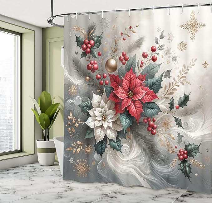 Ambesonne Christmas Shower Curtain, Delicate Poinsettia Flowers and Toyon Xmas Berries with Feathers, Cloth Fabric Bathroom Decor Set with Hooks, 69" W x 70" L, Slate Blue and Dark Coral
