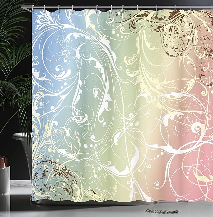 Ambesonne Floral Shower Curtain, Baroque Swirl Branches Curved Flower Leaves Shabby Form Nature Pattern, Cloth Fabric Bathroom Decor Set with Hooks, 69" W x 84" L, Pale Sky