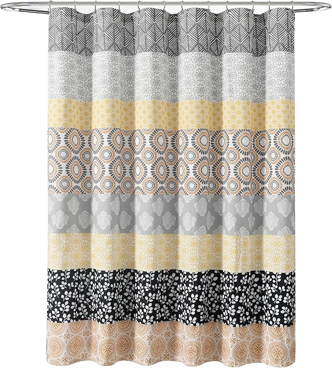 Lush Decor Bohemian Stripe Shower Curtain, 72" W x 72" L, Yellow & Gray - Bathroom Curtain - Striped Shower Curtain - Boho Decor - Fabric Shower Curtains