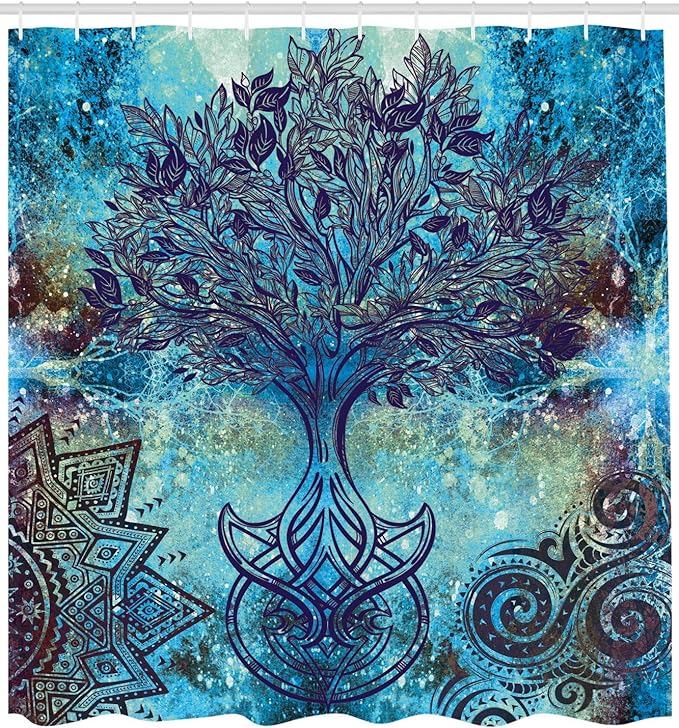Ambesonne Ethnic Shower Curtain, Grunge Style Tree Pattern Mandala and Spiral Shapes Blurry Art, Cloth Fabric Bathroom Decor Set with Hooks, 69" W x 84" L, Turquoise Brown