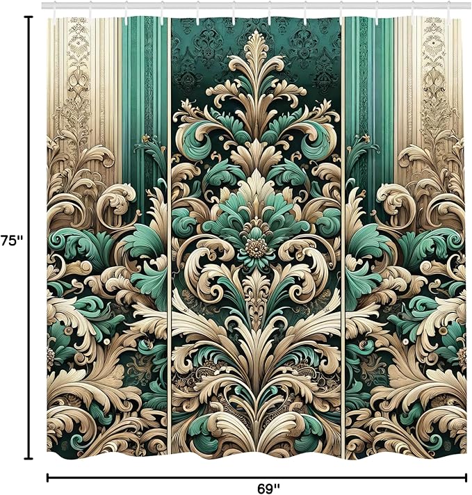 Ambesonne Damask Shower Curtain, Vintage Swirls and Curlicue Design Boho Nostalgic Oriental Influences, Cloth Fabric Bathroom Decor Set with Hooks, 69" W x 75" L, Teal Beige and Pale Brown