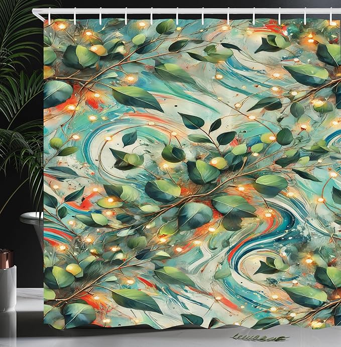 Ambesonne Christmas Shower Curtain, Winter Fantasy Themed Leafy Branches and Abstract Swirls of Xmas Joy Art, Cloth Fabric Bathroom Decor Set with Hooks, 69" W x 70" L, Sea Green Vermilion