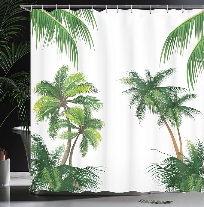 Ambesonne Tropical Shower Curtain, Coconut Palm Tree Nature Paradise Plants Foliage Leaves Digital Illustration, Cloth Fabric Bathroom Decor Set with Hooks, 69" W x 84" L, Hunter Green