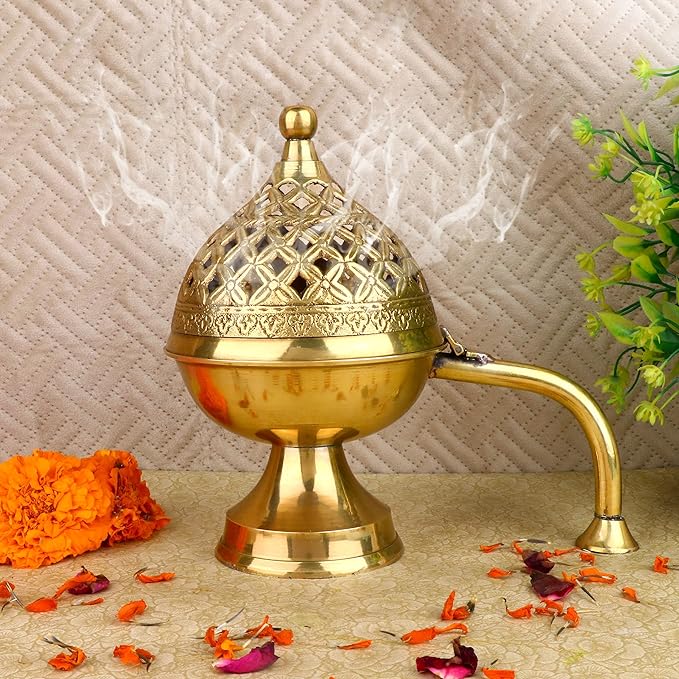 SATVIK 1 Pc Pure Brass Antique Incense Holder Large Dhuni Burner with Long Brass Handle Handheld Puja Dhuna Agarbatti Dhoop Pot Dhuni Stand Indian Diwali Festive Housewarming Return Gift Items Bulk