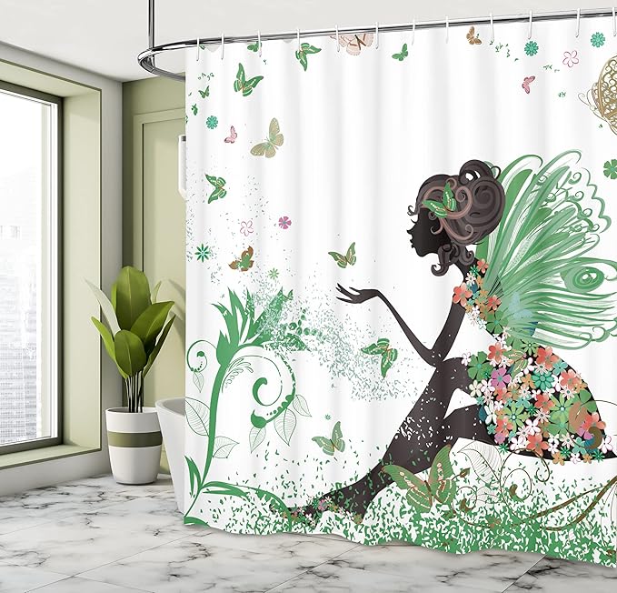 Ambesonne Fantasy Shower Curtain, Spring Girl Wings in a Floral Dress Surreal Garden Butterflies Print, Cloth Fabric Bathroom Decor Set with Hooks, 69" W x 75" L, Fern Green