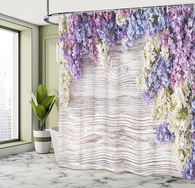 Ambesonne Rustic Shower Curtain, Lilac Flowers Bouquet on Wood Table Spring Nature Romance Love Theme, Cloth Fabric Bathroom Decor Set with Hooks, 69" W x 75" L, Lilac Violet Dark Taupe