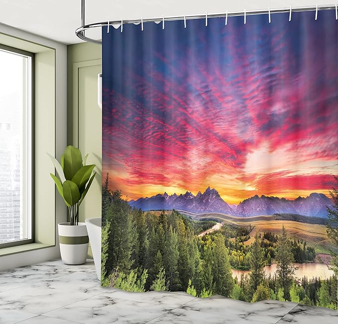 Ambesonne Landscape Shower Curtain, Colorful Skyline with Clouds in The Forest Lake River Mountain Landscape Sunburst, Cloth Fabric Bathroom Decor Set with Hooks, 69" W x 70" L, Hot Pink