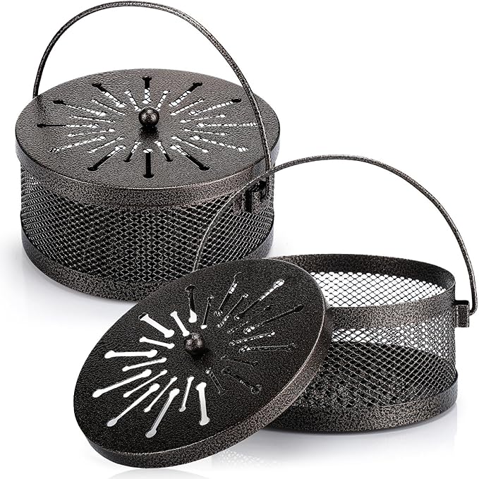 Lallisa 2 Pieces Mosquito Coil Holder Incense Coil Holder Round Retro Portable Metal Hanging Incense Burner Holders with Handle for Home Indoor Outdoor Camping Patio (Bronze)