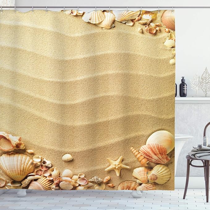 Ambesonne Beach Shower Curtain, Nautical Composition About Sandy Frame Surrounded by Various Sea Shells, Cloth Fabric Bathroom Decor Set with Hooks, 69" W x 70" L, Sand Brown Coral