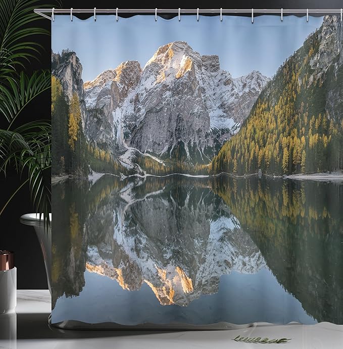 Ambesonne Nature Shower Curtain, Projecting Mountain Image in Lake with Ice Tops South Italian Fantasy Place Photo, Cloth Fabric Bathroom Decor Set with Hooks, 69" W x 84" L, Grey Green