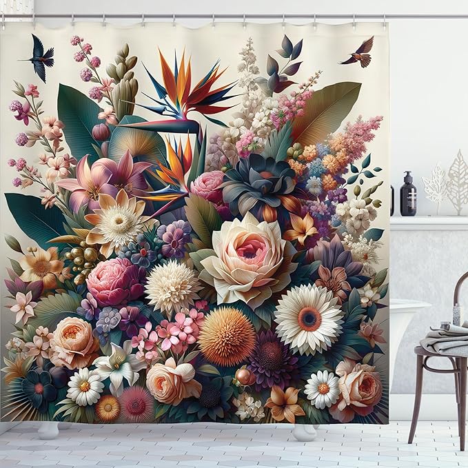 Ambesonne Modern Shower Curtain, Color Jumble Dreamy Peony Sunflower Floral Huddle with Leaves Greenery Fantasy Boho, Cloth Fabric Bathroom Decor Set with Hooks, 69" W x 75" L, Multicolor