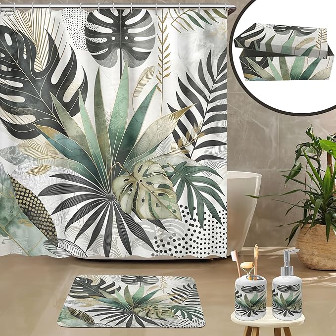 Ambesonne Green Bathroom Decor Set 4 Pcs Including Shower Curtain with Hooks Bath Mat Soap Dispenser Toothbrush Holder in Box Essentials & Accessories, Exotics Scenario Leaves, Teal Pale Khaki Fawn