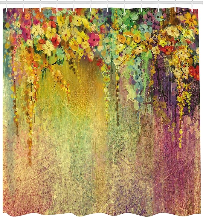 Ambesonne Flower Shower Curtain, Abstract Herbs Alternative Medicine Blossoms Ivy Back Florets Shrubs Design, Cloth Fabric Bathroom Decor Set with Hooks, 69" W x 70" L, Earth Yellow