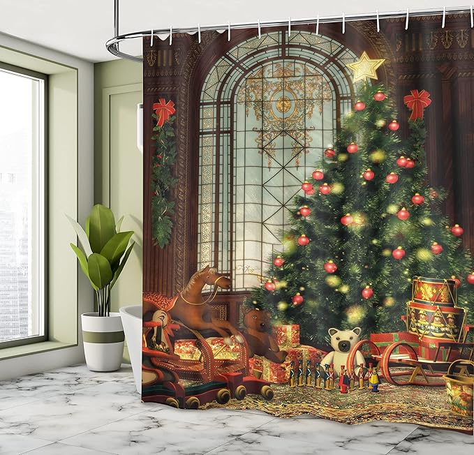 Ambesonne Christmas Shower Curtain, Vintage Ambiance Big Old Fashioned Window Xmas Tree Various Presents, Cloth Fabric Bathroom Decor Set with Hooks, 69" W x 84" L, Brown Red Green