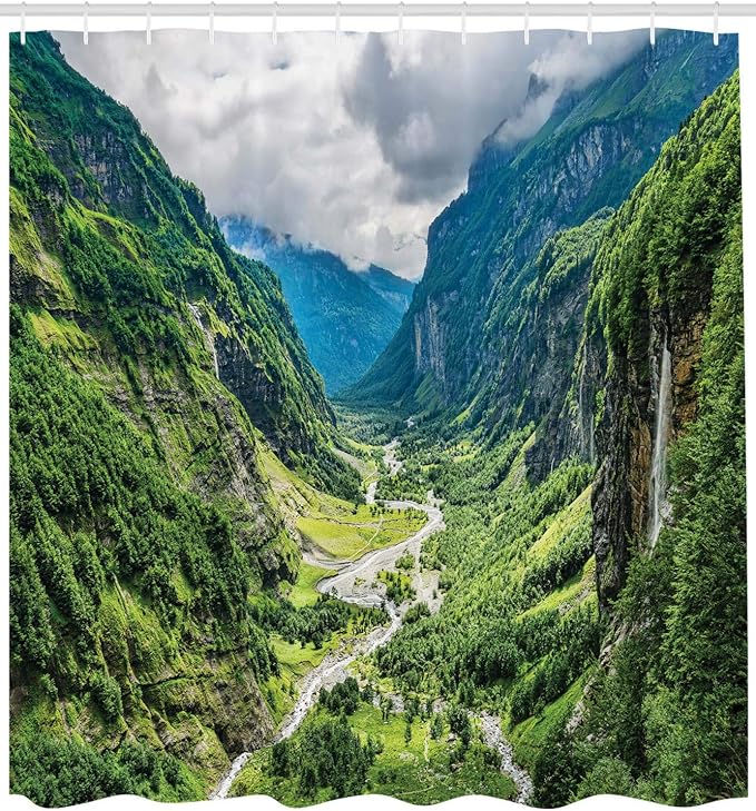 Ambesonne Landscape Shower Curtain, Valley Mountain Tree Mist Waterfall Canyon Alpine Landscape Nature Theme, Cloth Fabric Bathroom Decor Set with Hooks, 69" W x 70" L, Green White