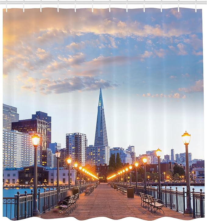 Ambesonne USA Shower Curtain, San Francisco Pier 7 Sunset in California USA Bridge Landmark Evening Picture Print, Cloth Fabric Bathroom Decor Set with Hooks, 69" W x 70" L, Blue Gray