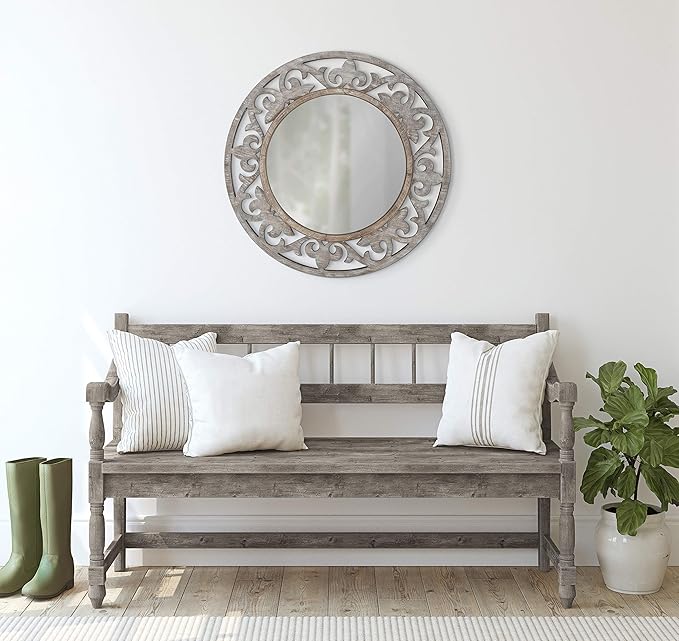 Kate and Laurel Shovali Rustic Round Mirror, 31.5 Diameter, Rustic Whitewash, Ornate Wood-Carved Frame, Decadent Wall Decor with Vintage Charm