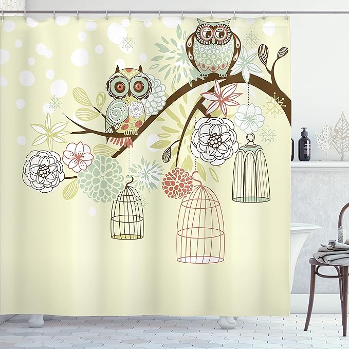 Ambesonne Owls Shower Curtain, Winter Floral Background Blossoms Owls Out of Their Cages Birdcage Freedom, Cloth Fabric Bathroom Decor Set with Hooks, 69" W x 70" L, Green Brown