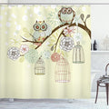 Ambesonne Owls Shower Curtain, Winter Floral Background with Blossoms and Owls Out of Their Cages a Birdcage for a Freedom Symbolism, Cloth Fabric Bathroom Set with Hooks, 69" W x 75" L, Green Brown
