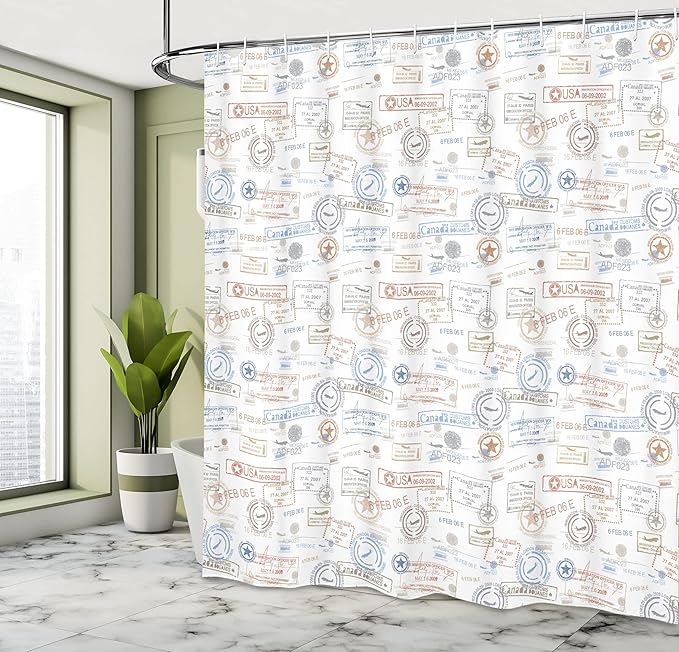 Ambesonne Travel Shower Curtain, Vintage Old Rubber Stamps Tourist Passport Visa Certificate Vacation Holiday Theme, Cloth Fabric Bathroom Decor Set with Hooks, 69" W x 84" L, Warm Taupe Blue