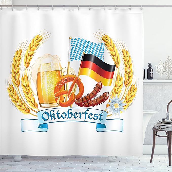Ambesonne Oktoberfest Shower Curtain, Oktoberfest Celebration Design with Sausage Drink Flags Wheat Stems Banner, Cloth Fabric Bathroom Decor Set with Hooks, 69" W x 75" L, Yellow Blue