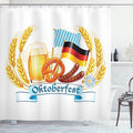 Ambesonne Oktoberfest Shower Curtain, Oktoberfest Celebration Design with Sausage Drink Flags Wheat Stems Banner, Cloth Fabric Bathroom Decor Set with Hooks, 69" W x 70" L, Yellow Blue