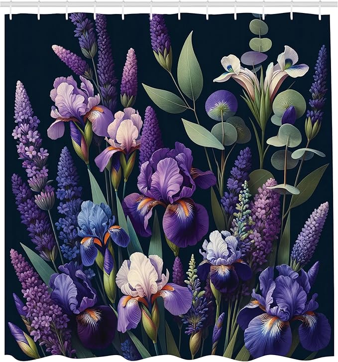 Ambesonne Lavender Shower Curtain, Fantasy Woodland Scenario of Blooming Iris Flowers with Leaves Bohemian, Cloth Fabric Bathroom Decor Set with Hooks, 69" W x 75" L, Violet Reseda Green