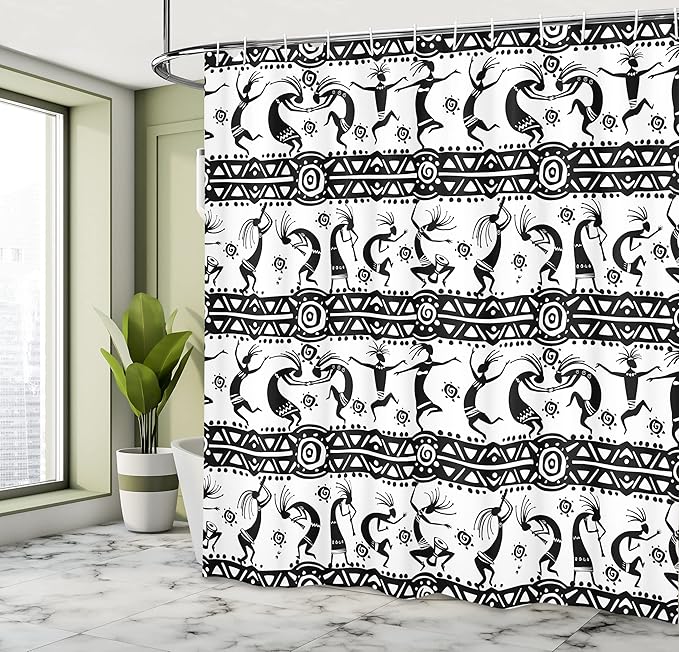 Ambesonne Ethnic Shower Curtain, Silhouette of Dancings Geometric Shapes in Horizontal Line Art Design Boho, Cloth Fabric Bathroom Decor Set with Hooks, 69" W x 70" L, White and Black
