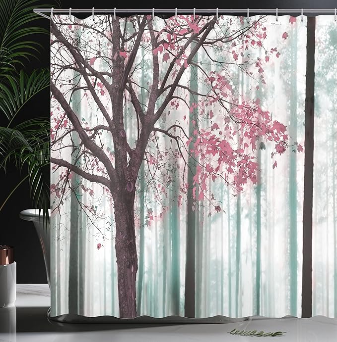 Ambesonne Autumn Shower Curtain, Picture of a Lonely Tree Leaves on an Abstract Woodland Background Print, Cloth Fabric Bathroom Decor Set with Hooks, 69" W x 70" L, Pastel Pink