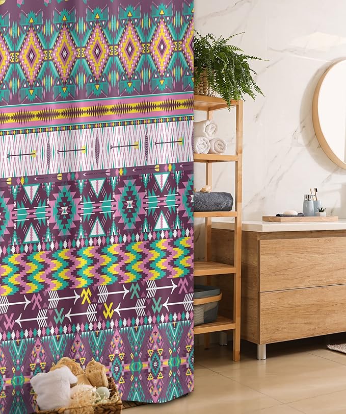 Ambesonne Tribal Stall Shower Curtain, Traditional Pattern Geometrics and Arrows Art, Fabric Bathroom Decor Set with Hooks, 36" W x 72" L, Teal Purple Yellow