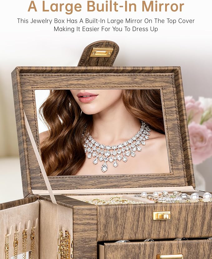 AKOZLIN 6-Tier Jewelry Box Organizer Functional 5 Drawers Leather Jewelry Storage Case for Women Girls Ring Necklace Earring Bracelet Holder Organizer with Mirror Wood Grain 360° Rotating