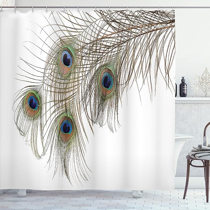 Ambesonne Peacock Shower Curtain, Feather of Peacock Power Rising Out of Theshes Creature, Cloth Fabric Bathroom Decor Set with Hooks, 69" W x 70" L, Green Ivory