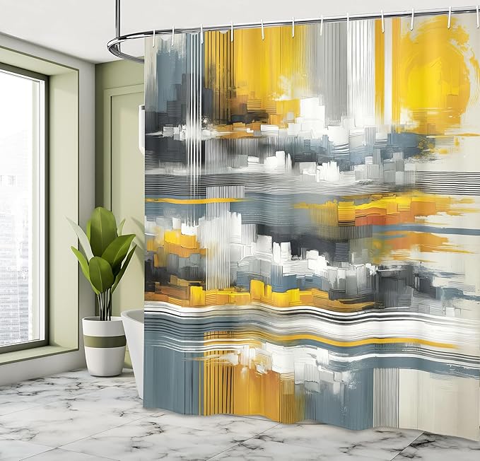 Ambesonne Striped Shower Curtain, Modern Abstract Brushstroke Paint Print Forgotten City Sunset Theme, Cloth Fabric Bathroom Decor Set with Hooks, 69" W x 70" L, Mustard Blue Grey Dimgray