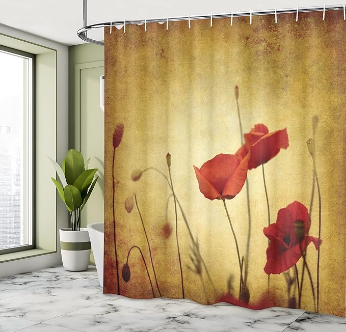 Ambesonne Poppy Flower Shower Curtain, Flower and Buds on Ambient Grunge Background Retro Effects Bohemian, Cloth Fabric Bathroom Decor Set with Hooks, 69" W x 84" L, Pale Brown Vermilion