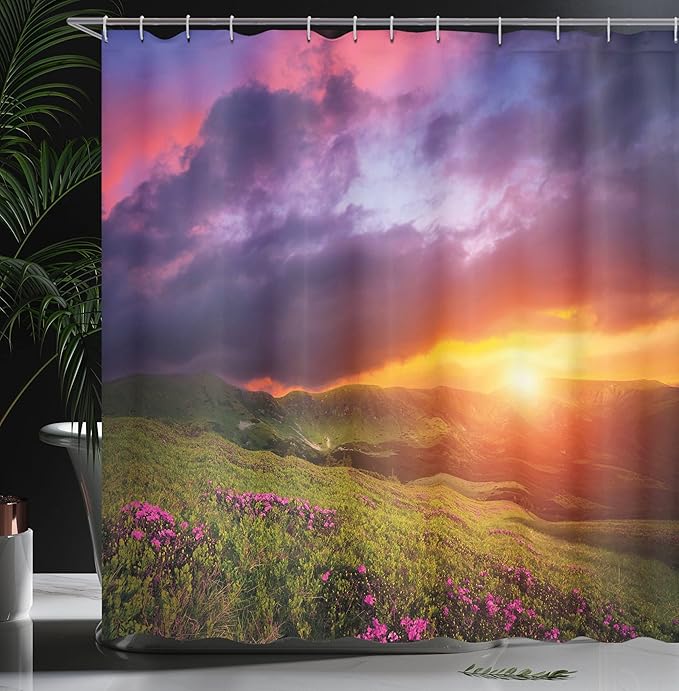 Ambesonne Landscape Shower Curtain, Mountain with Pink Rhododendron Flowers Sunset Sky Over Carpathian Hills Picture, Cloth Fabric Bathroom Decor Set with Hooks, 69" W x 70" L, Multicolor