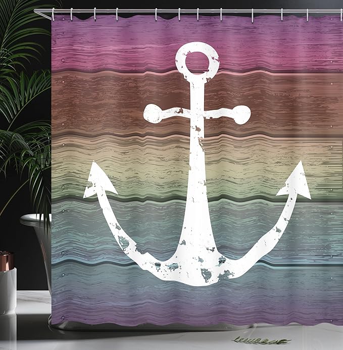 Ambesonne Anchor Shower Curtain, Rustic Themed Marine Ornament on Colorful Grungy Wooden Planks Sailing Style, Cloth Fabric Bathroom Decor Set with Hooks, 69" W x 70" L, White Multicolor