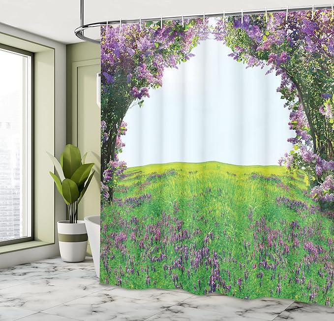 Ambesonne Magic Shower Curtain, Lavender Meadow with Lilac Flowers Tunnel Dreamy Inspirational Habitat Landscape, Cloth Fabric Bathroom Decor Set with Hooks, 69" W x 75" L, Lilac Green