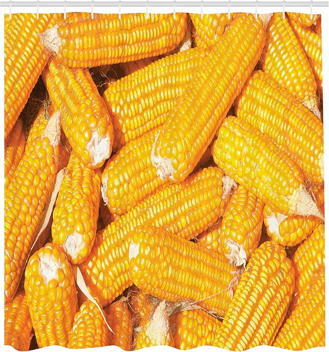 Ambesonne Autunm Shower Curtain, Harvest Themed Top View Photo of Corns Food Ingredient Fall Closeup Picture, Cloth Fabric Bathroom Decor Set with Hooks, 69" W x 70" L, Earth Yellow