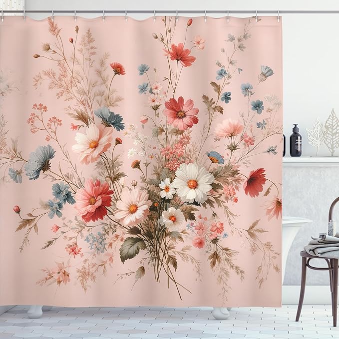 Ambesonne Floral Shower Curtain, Countryside Farmhouse Vibe Romantic Wild Flowers Arrange Plain Back, Cloth Fabric Bathroom Decor Set with Hooks, 69" W x 70" L, Blush Blue Grey Pale Rose