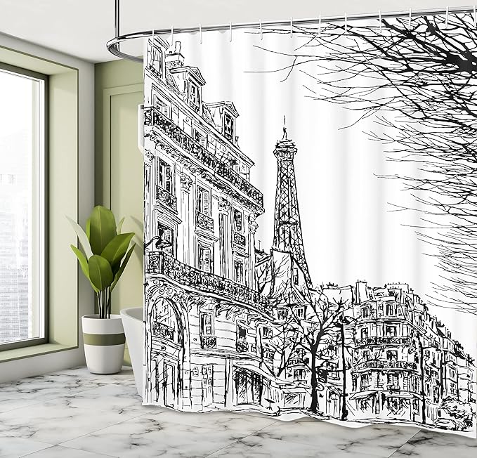 Ambesonne Paris Shower Curtain, Sketch Parisian Street with Trees and Eiffel Famous City Scenery Architectural Print, Cloth Fabric Bathroom Decor Set with Hooks, 69" W x 70" L, Black White
