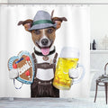 Ambesonne Oktoberfest Shower Curtain, Oktoberfest Dog with Beer Mug and Gingerbread Heart Smiling Happy Times Art, Cloth Fabric Bathroom Decor Set with Hooks, 69" W x 75" L, Yellow Brown