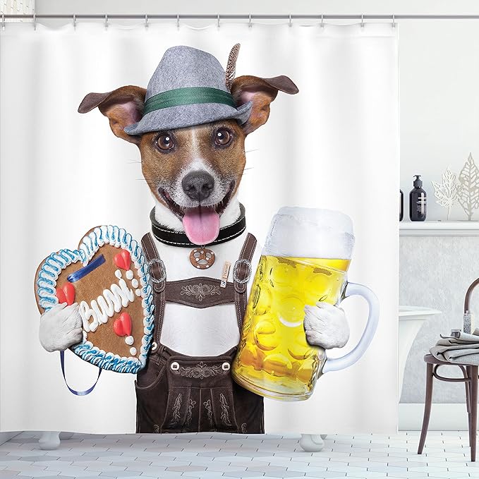 Ambesonne Oktoberfest Shower Curtain, Oktoberfest Dog with Beer Mug and Gingerbread Heart Smiling Happy Times Art, Cloth Fabric Bathroom Decor Set with Hooks, 69" W x 84" L, Yellow Brown