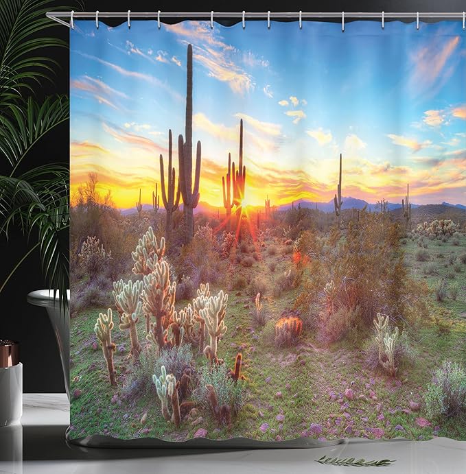 Ambesonne Saguaro Shower Curtain, Sun is Setting Between Saguaros Wildflowers in The Sonoran Desert Scene Picture, Cloth Fabric Bathroom Decor Set with Hooks, 69" W x 75" L, Aqua Green