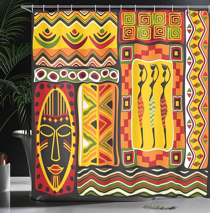 Ambesonne African Shower Curtain, Elements Historical Original Striped and Rectangle Shapes Design, Cloth Fabric Bathroom Decor Set with Hooks, 69" W x 75" L, Scarlet Yellow