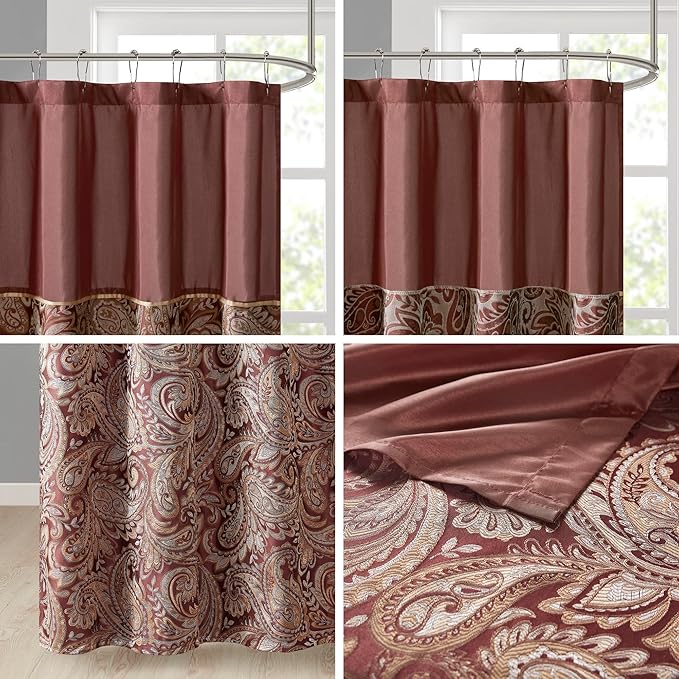 Madison Park Aubrey Shower Curtain Paisley Jacquard Pieced Microfiber Faux Silk Modern Home Bathroom Decorations, 72x72, Burgundy