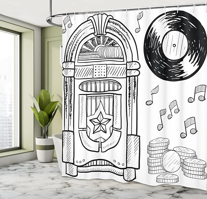 Ambesonne Jukebox Shower Curtain, Doodle Style Retro Music Box Notes Coins Long Play Vintage Sketchy Art, Cloth Fabric Bathroom Decor Set with Hooks, 69" W x 70" L, Black and White